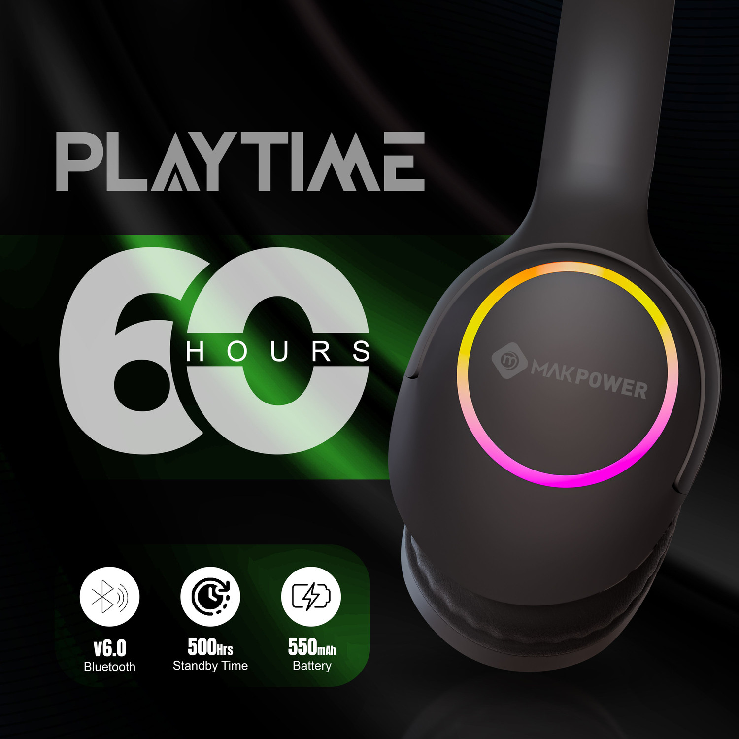 Image of MAK POWER CRUSHER with 60H Playback, Perfect for Music, Gaming & Calls Wireless Over-Ear Bluetooth