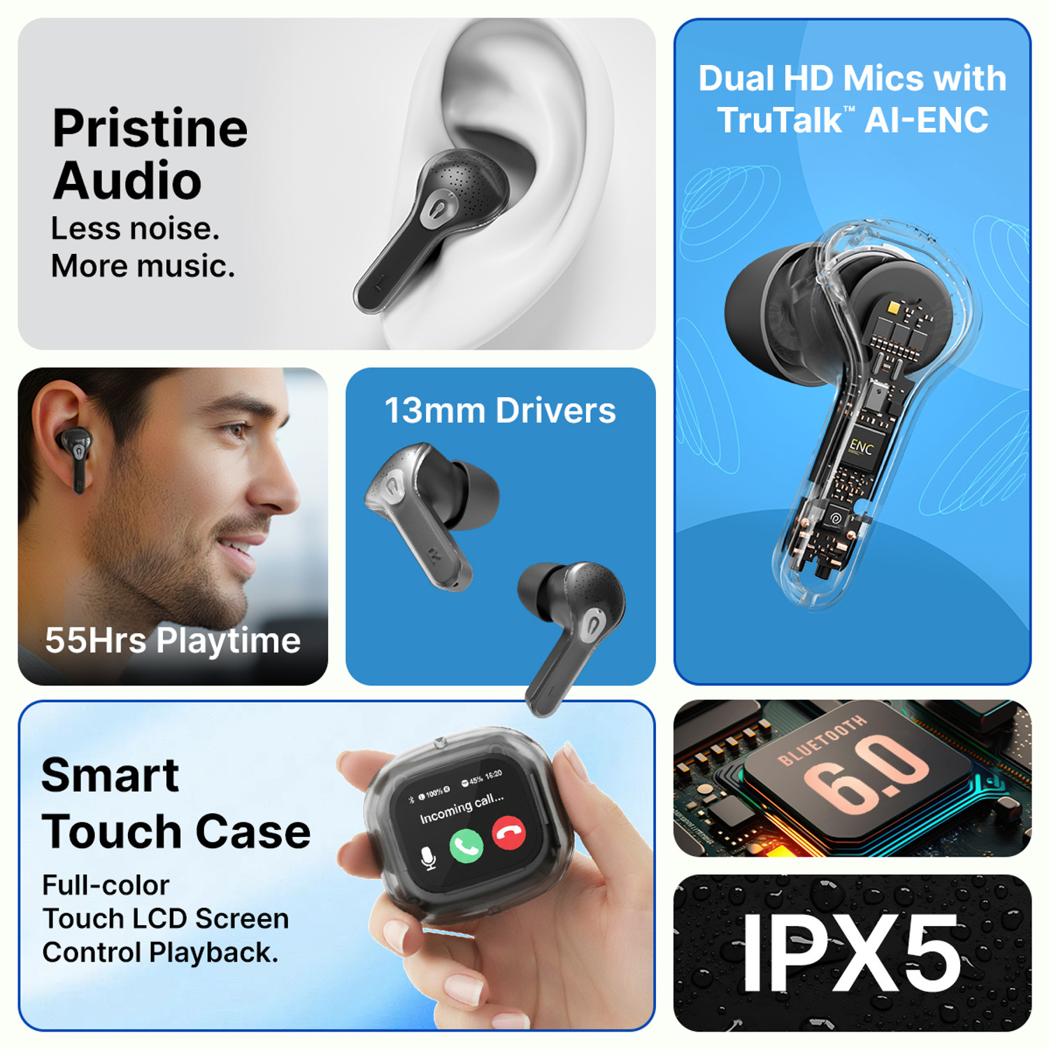 Image of PTron Bassbuds NX TWS w / Touch Screen, 55hrs Playtime, HD Mics & AI-ENC Clear Calls Bluetooth