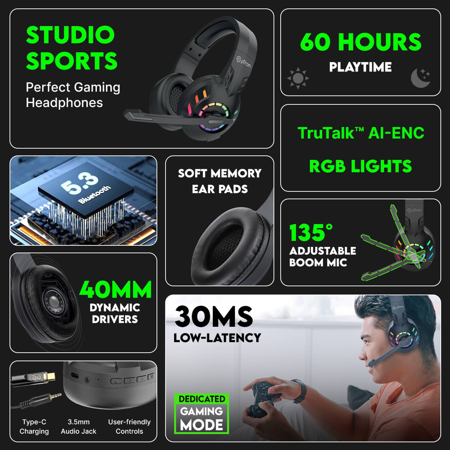 PTron Studio Sports Wireless Gaming Headset - Image 3