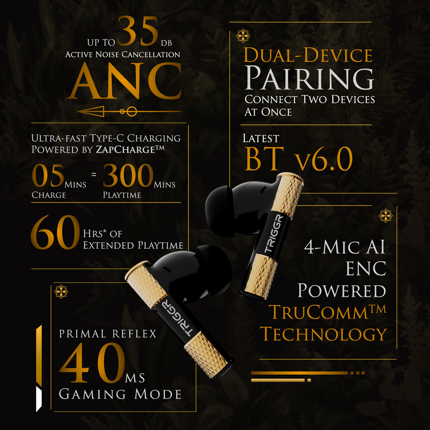 Image of TRIGGR Wukong 35dB ANC, 4-mic ENC, Dual Pairing, 60H Battery, Monkey-king Design, v6.0 Bluetooth