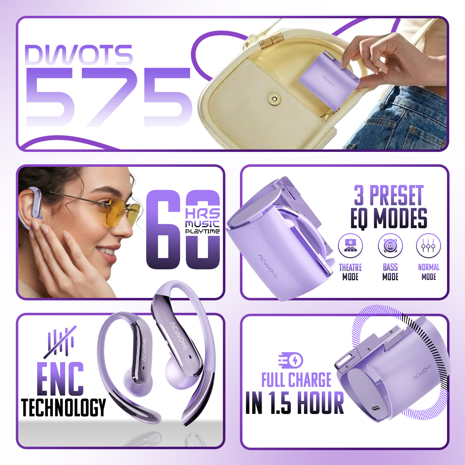 Image of ACwO DwOTS 575 OWS Earbuds, 60H Playtime, ENC, 10mm Drivers, IPX5, Fast Charging Bluetooth