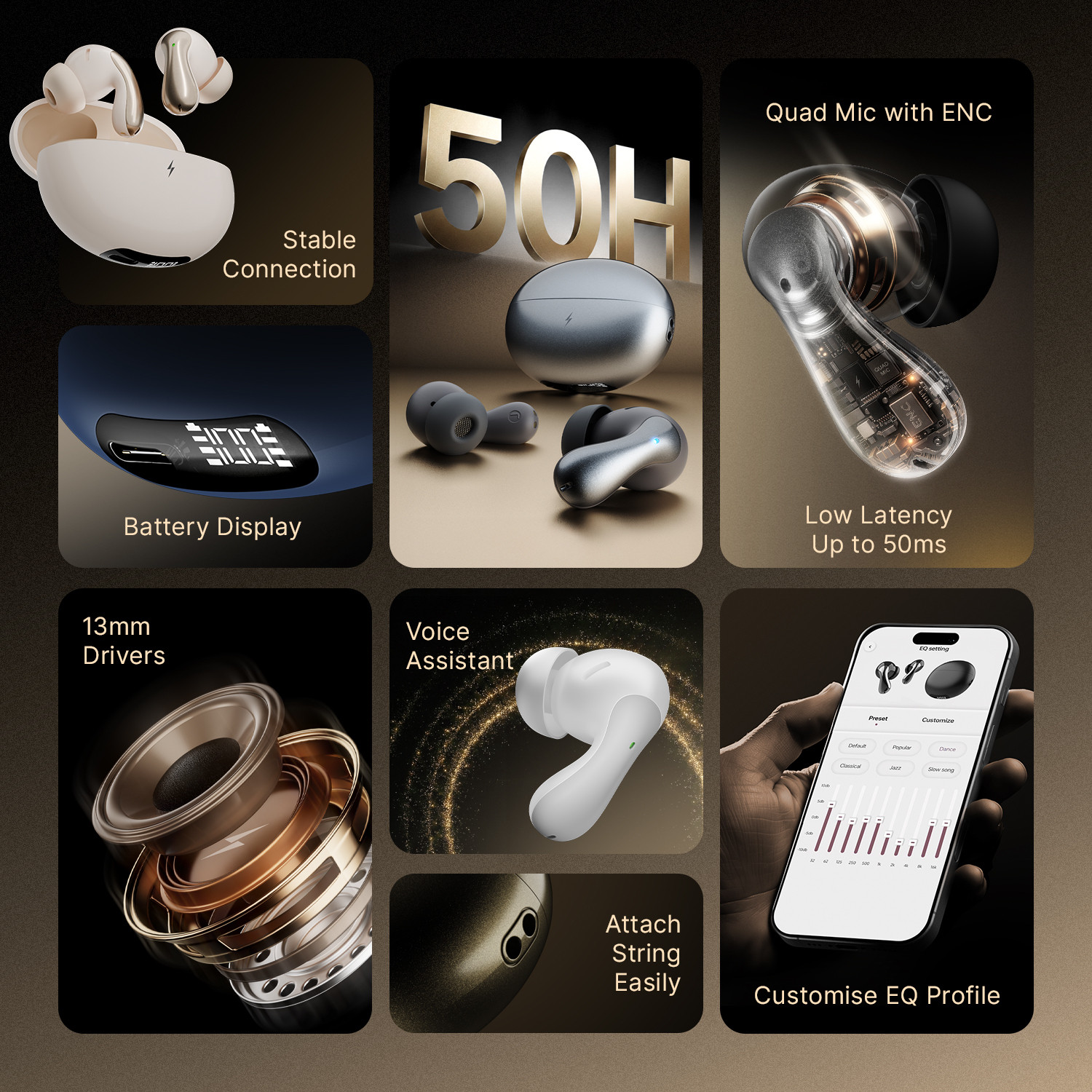 Image of Fire-Boltt Aero Drift TWS Earbuds, Custom EQ Profiles 50H Battery Display Case Quad Mic ENC Bluetooth
