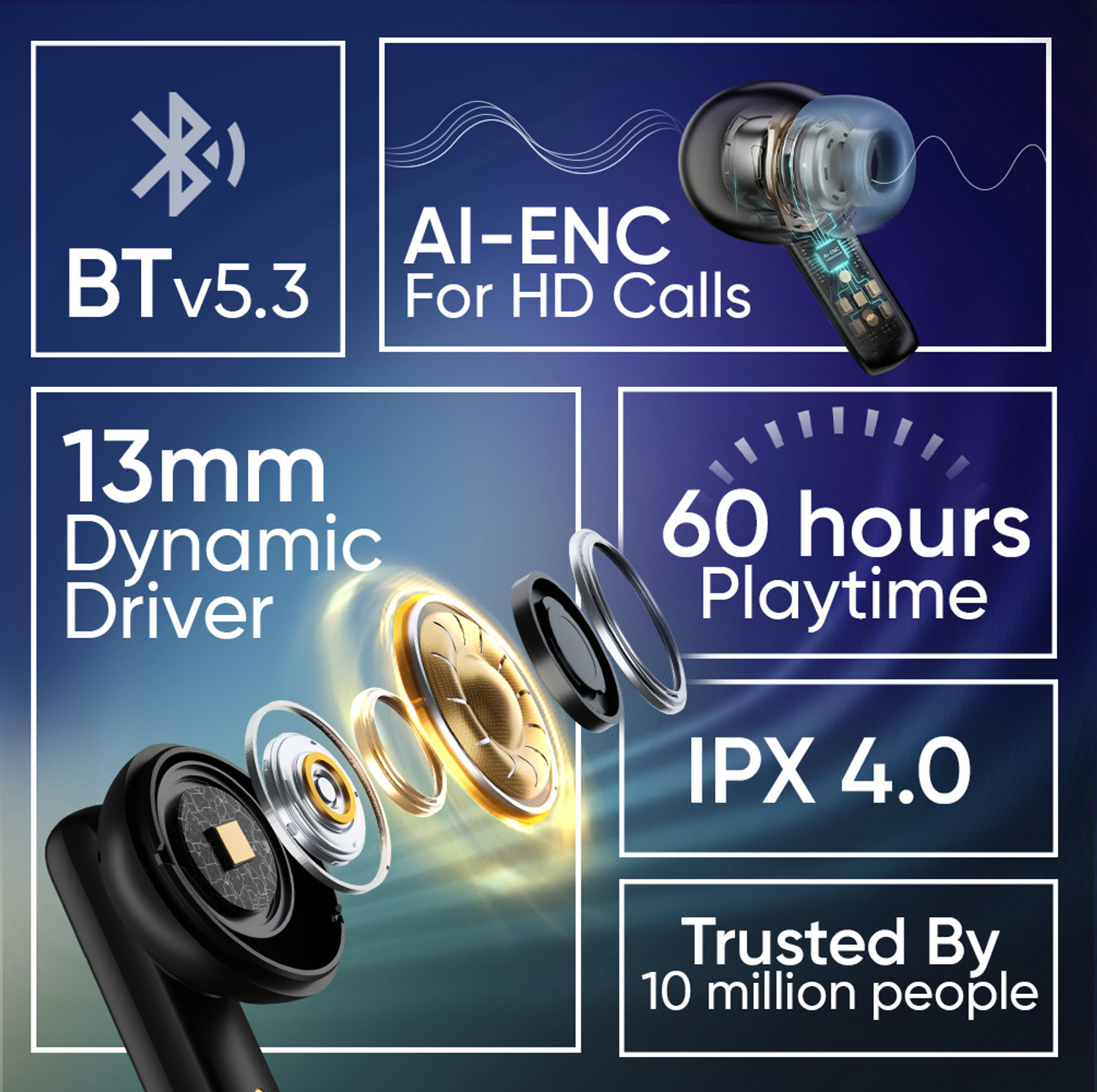 Image of Mivi Mivi DuoPods Oris Bluetooth Headset, 60 Hours Battery Life, AI ENC, Matte Black Bluetooth