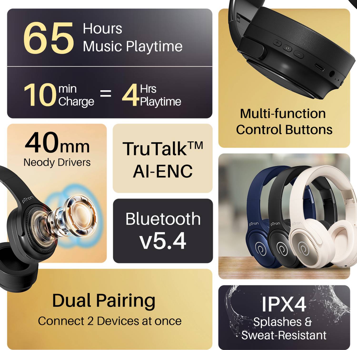 PTron Studio Pro Bluetooth Headphones - Image 2