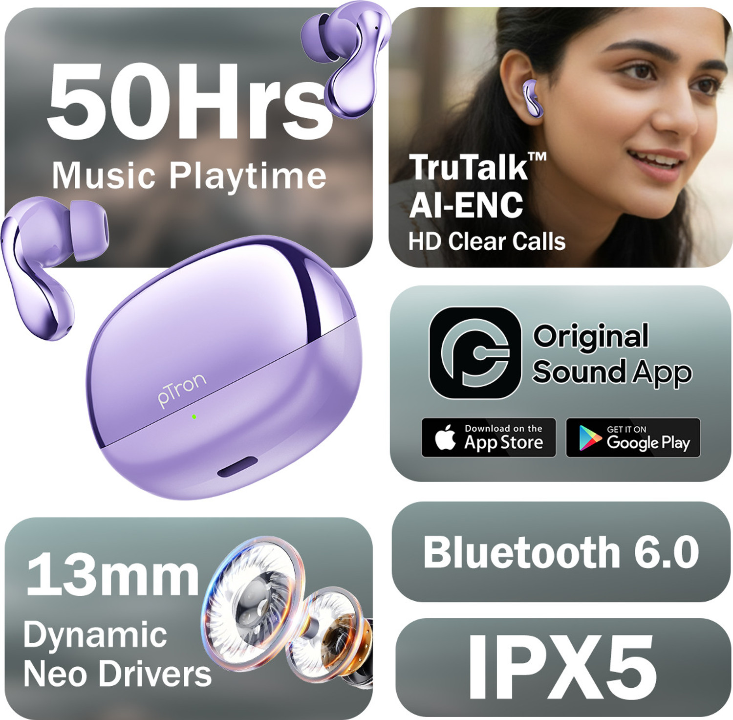 Image of PTron Bassbuds Tango w / 50Hrs Playtime, AI-ENC Calls, Custom EQ, App Support, BTv6.0 Bluetooth