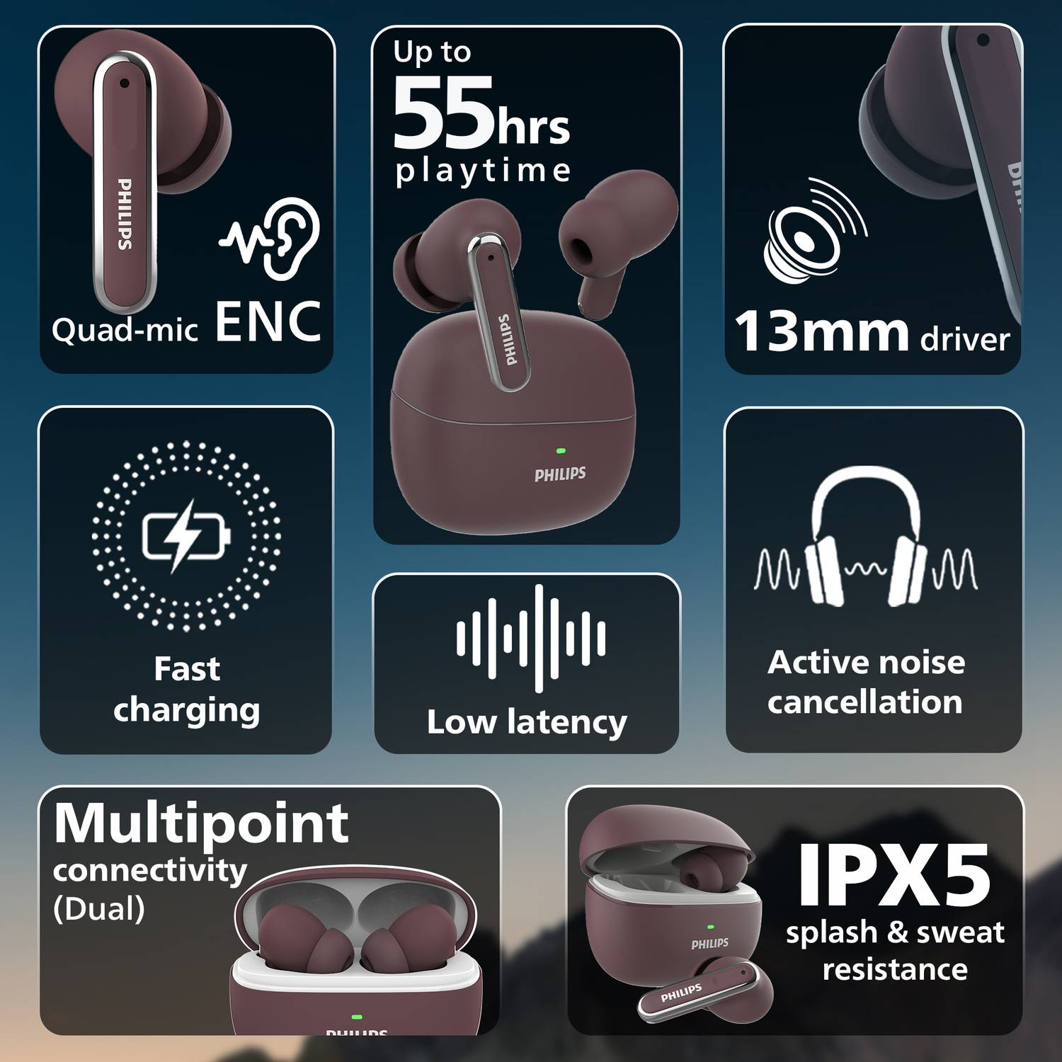 PHILIPS TAT1150RD Earbuds with ANC, 55H Playtime - Image 3