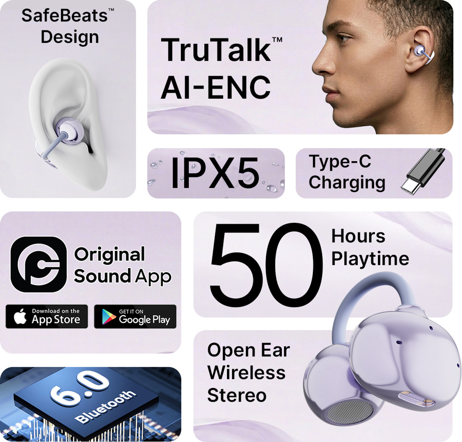 Image of PTron Bassbuds Verse Earclips w / 50Hrs Playtime, HD Mic & AI-ENC, Custom EQ, BTv6.0 Bluetooth