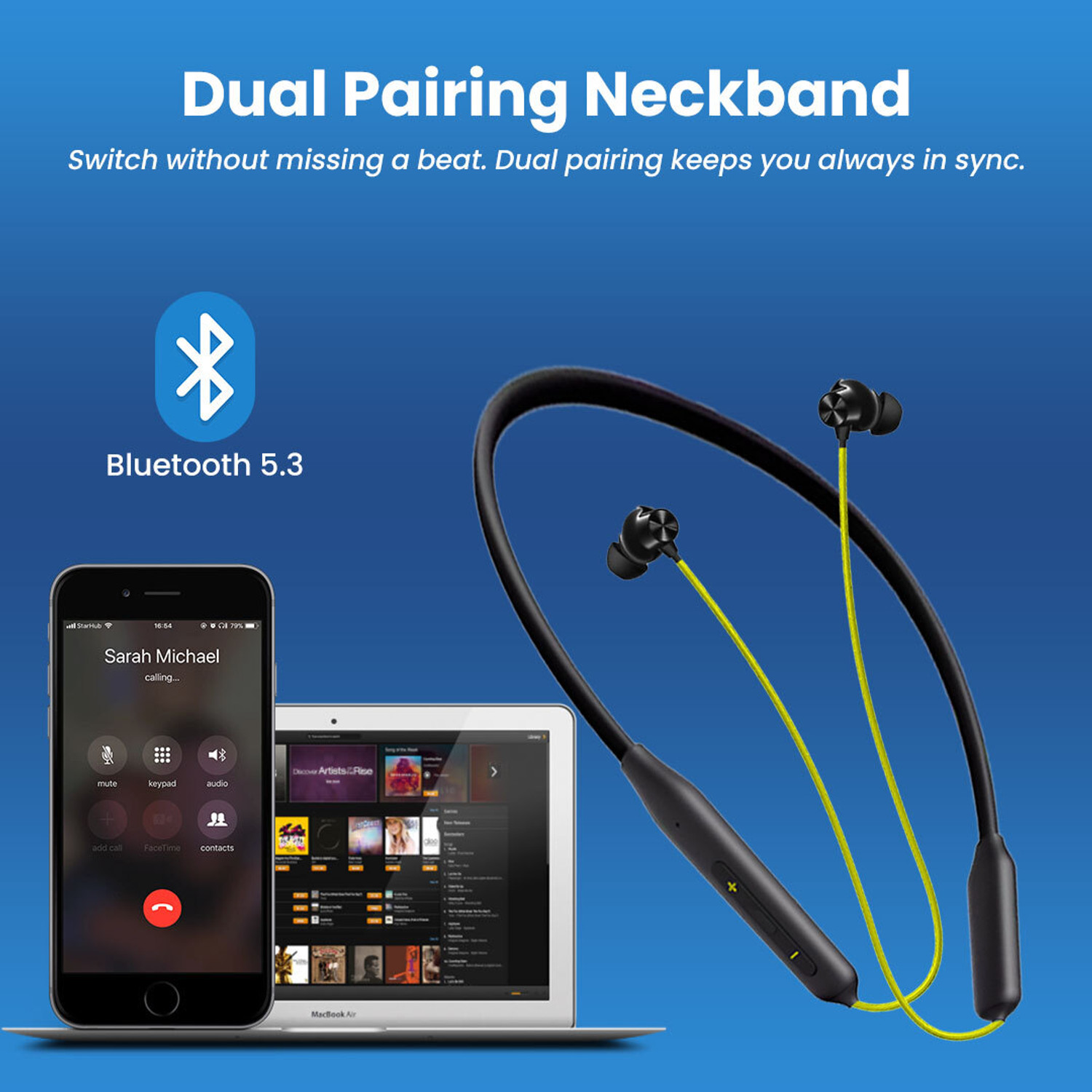 Image of MAK Bluetooth Neckband, Fast Type C Charge, Built-in Mic, ENC, Upto 48 Hrs Playtime Bluetooth Headset (Yellow, Black, In the Ear)