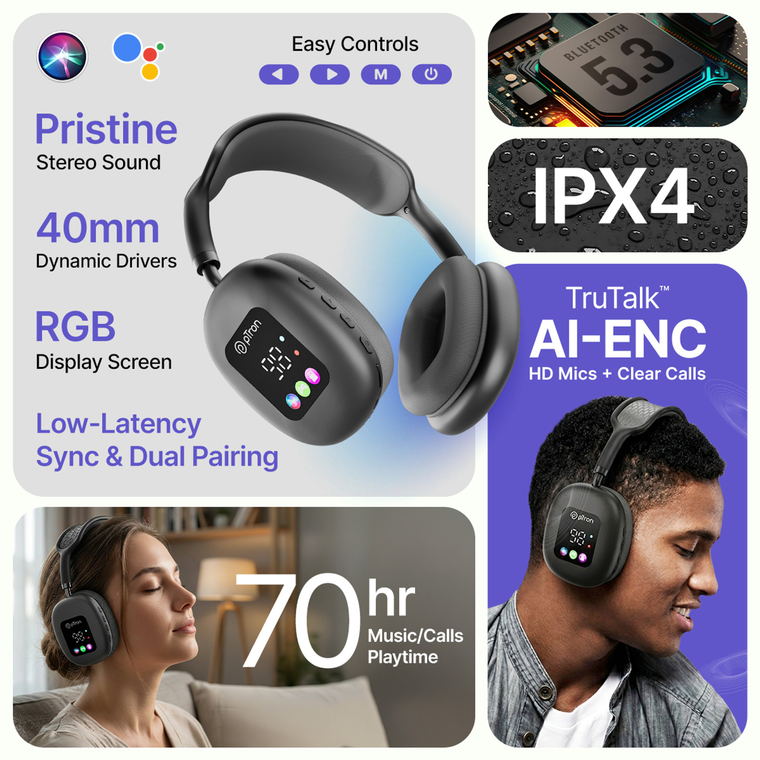 Image of PTron Studio Pixel w / Dual-Device Pairing, 70hrs Playtime, AI-ENC Calls, RGB Display Bluetooth & Wired