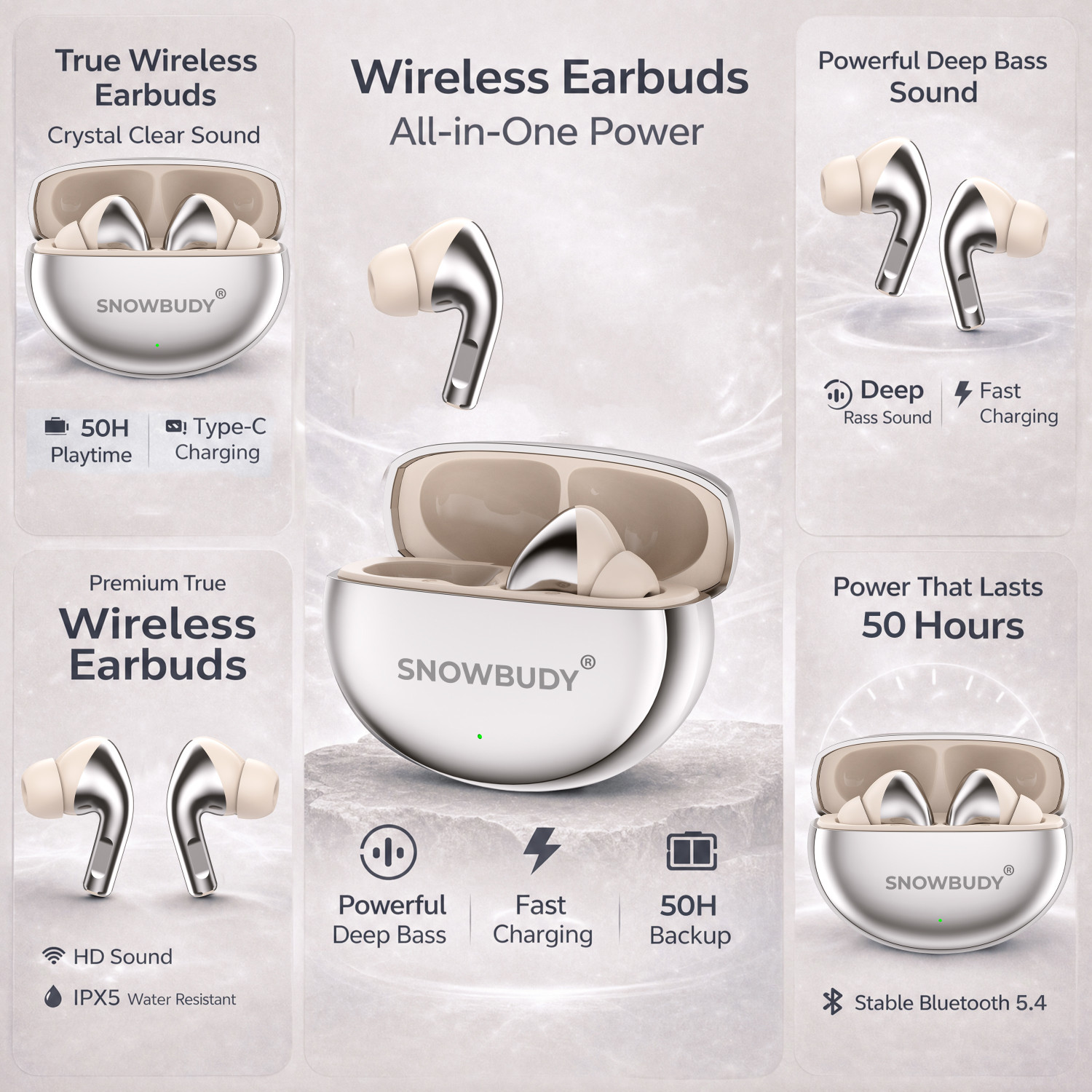 Image of snowbudy Nord 4Pro True Wireless Earbuds with Dual Mic & AI Crystal Clear Call-9 Bluetooth Gaming