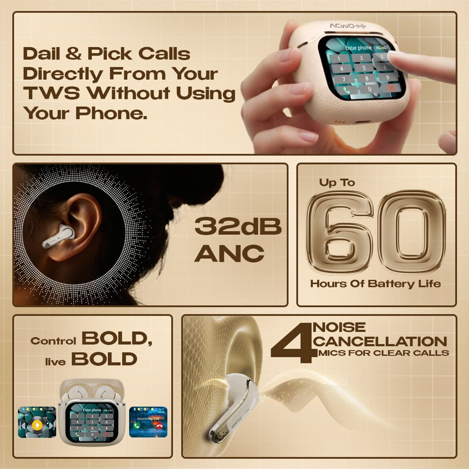Image of ACwO DwOTS Bold Smart Calling Display Earbuds, 60Hrs Playtime, ANC 32dB, 13mm Driver Bluetooth