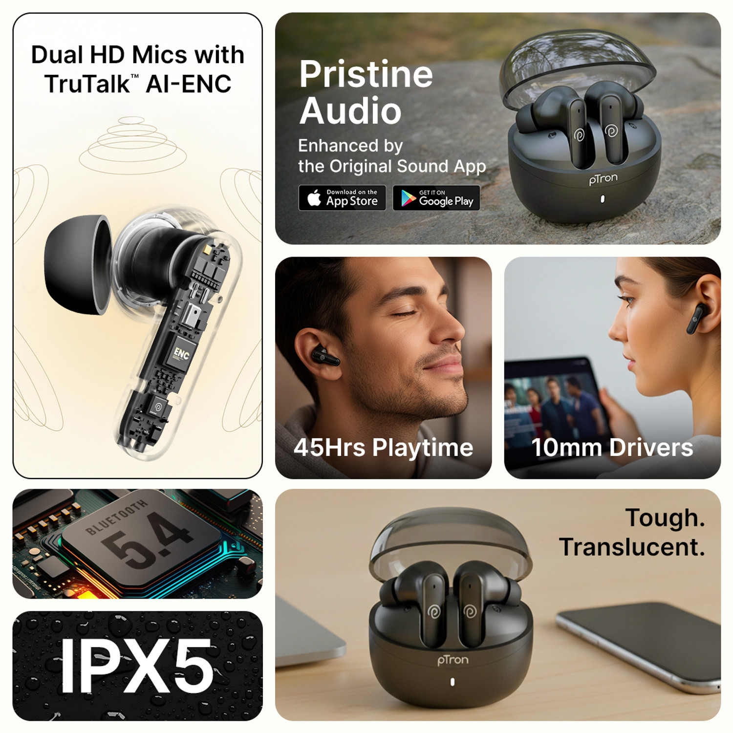 Image of PTron Bassbuds Indie w / AI-ENC Clear Calls, 45hrs Playtime, Custom EQ, App Support Bluetooth