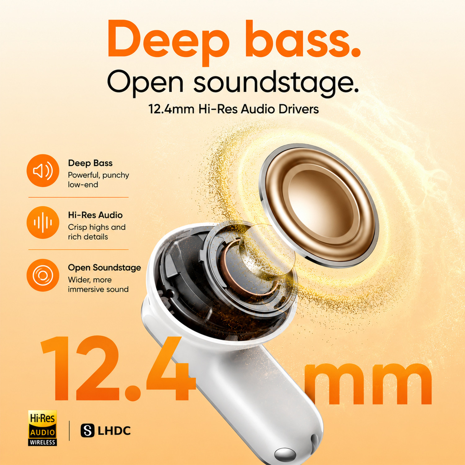 Image of AMS Buds T500 Pro with 50dB ANC|12.4mm Hi-res Drivers|Spatial Audio|56 Hrs Playtime Bluetooth Headset (Orange, True Wireless)