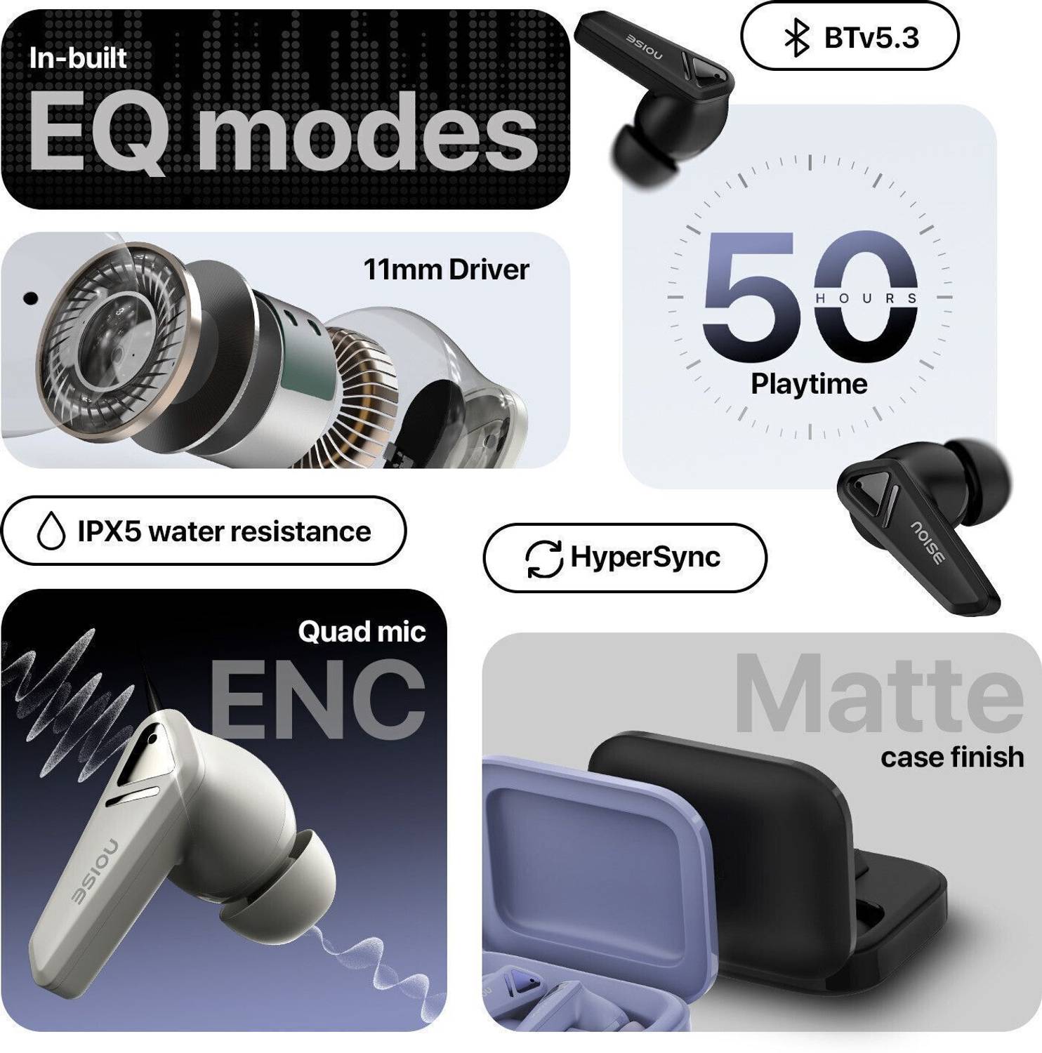 Noise Buds F1, 50H playtime, Matte finish Case, Quad Mic with ENC, - Image 3