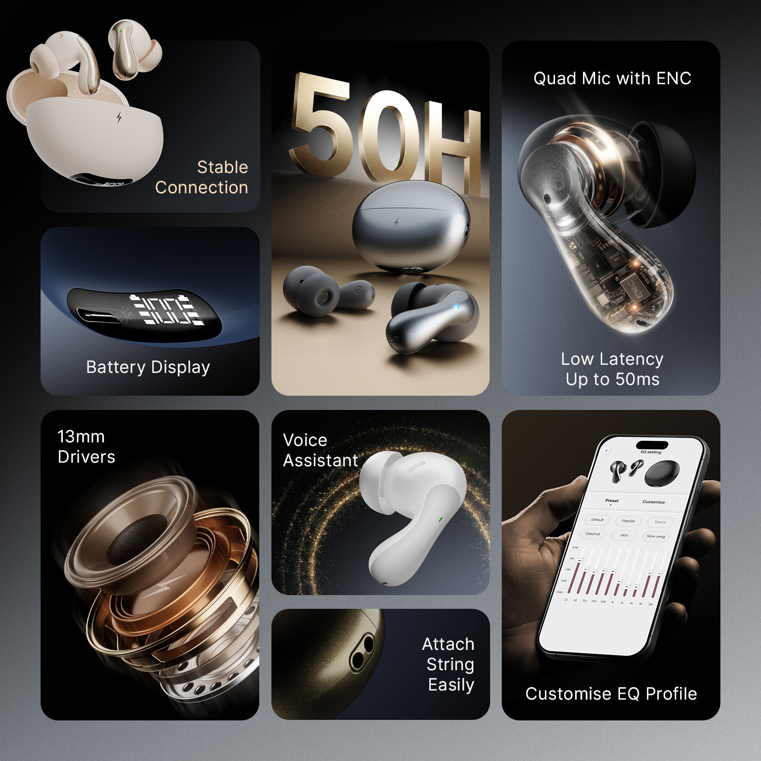 Image of Fire-Boltt Aero Drift TWS Earbuds, Custom EQ Profiles 50H Battery Display Case Quad Mic ENC Bluetooth