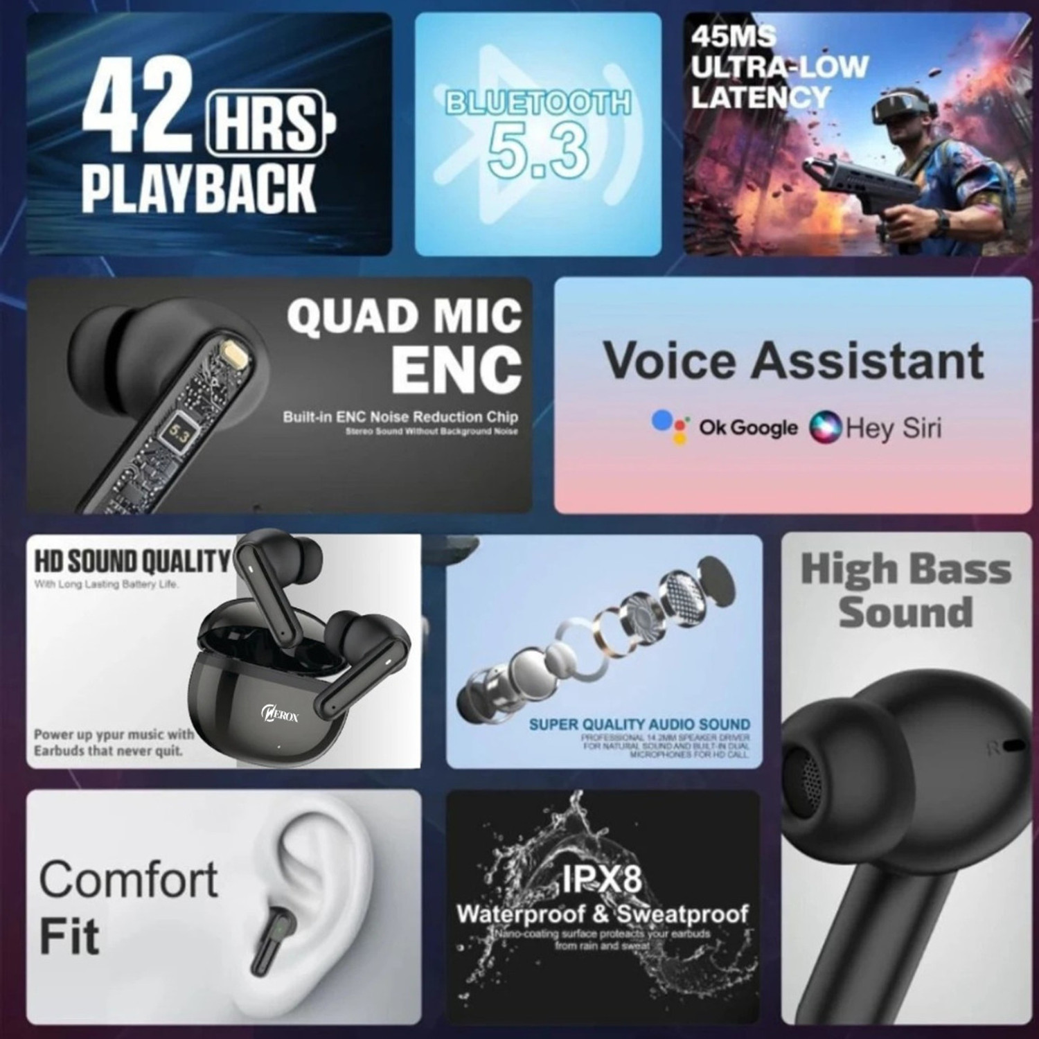 Image of WEROX Wireless Earbuds 48 hours of playback time HD Sound Quality and Sweat Proof Bluetooth Gaming