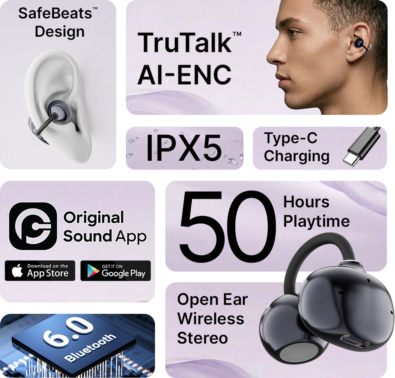 Image of PTron Bassbuds Verse Earclips w / 50Hrs Playtime, HD Mic & AI-ENC, Custom EQ, BTv6.0 Bluetooth