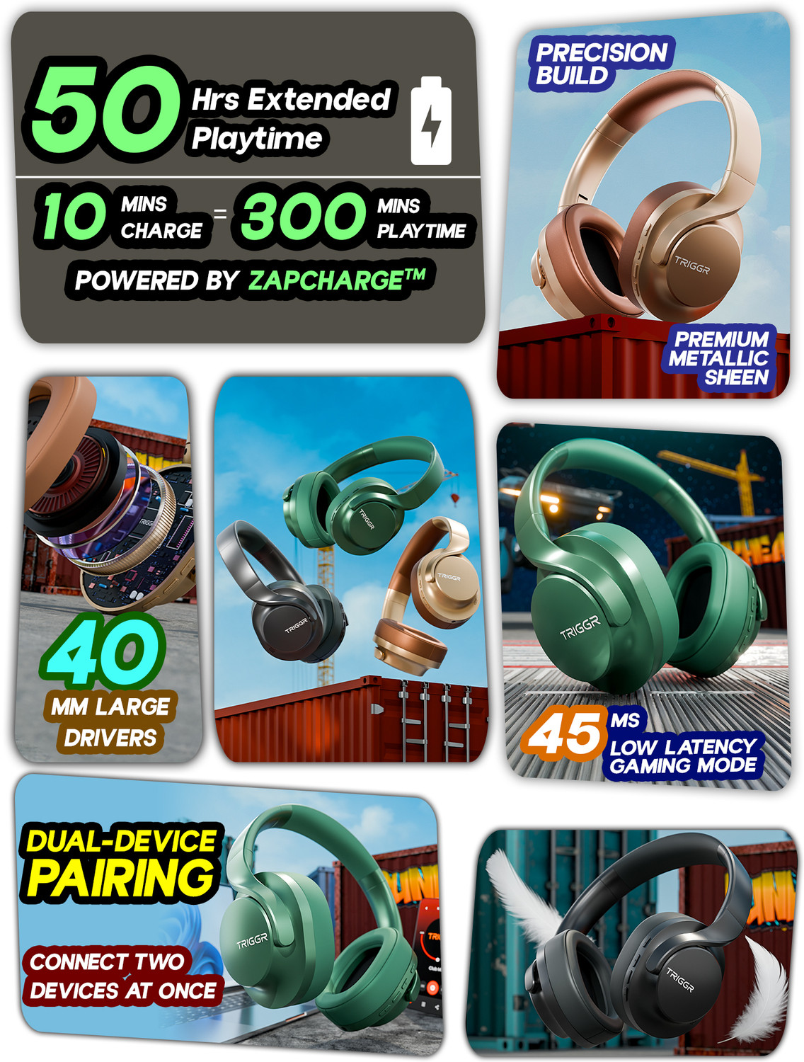 Image of TRIGGR Punkheadz Z2 with 50H Battery, Dual Pairing, 40mm Drivers, ENC, Aux Port, v5.4 Bluetooth
