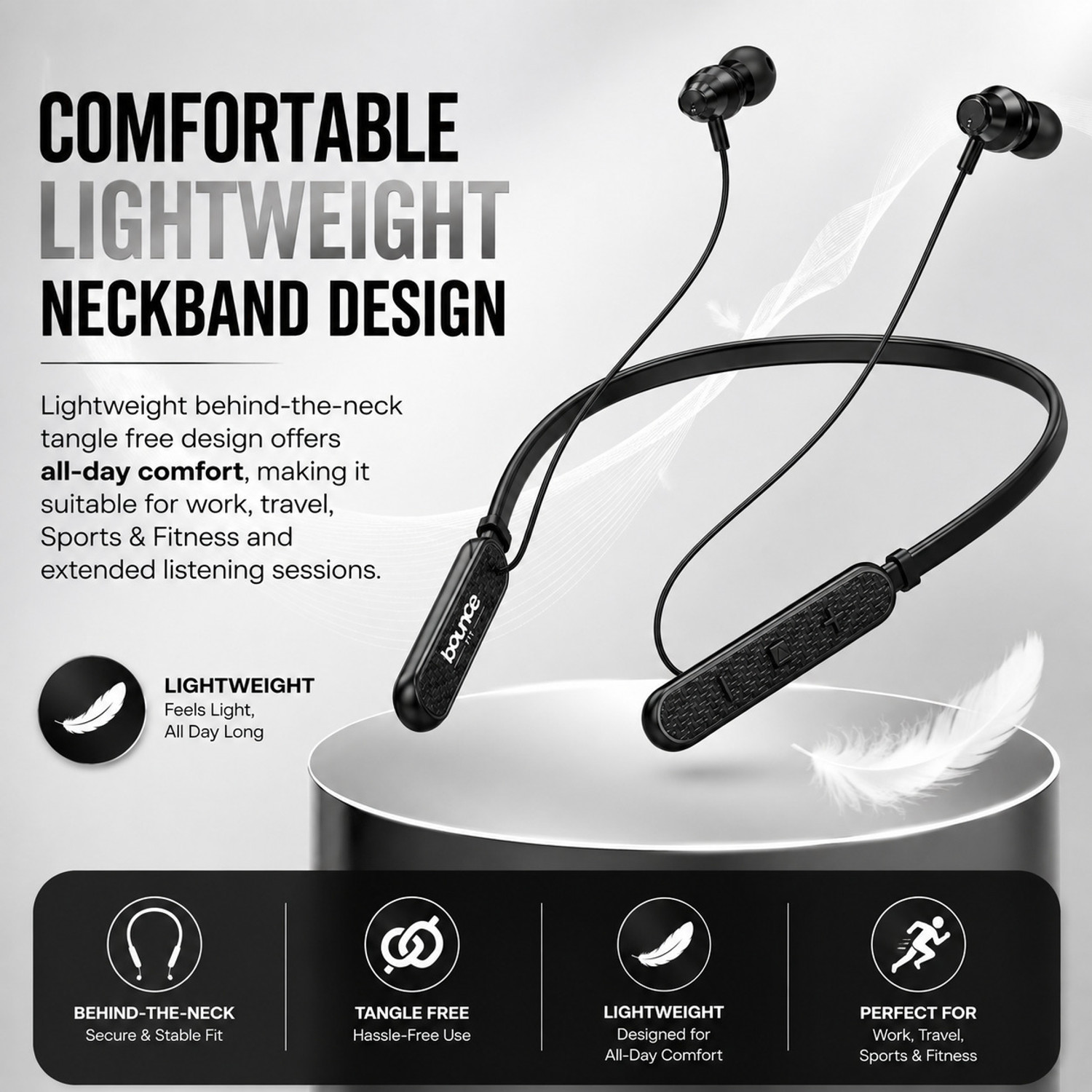 Image of Bouncefit Deep Bass Neckband, 35H Battery, Fast Charge, IPX7, Low Latency, With Mic Bluetooth