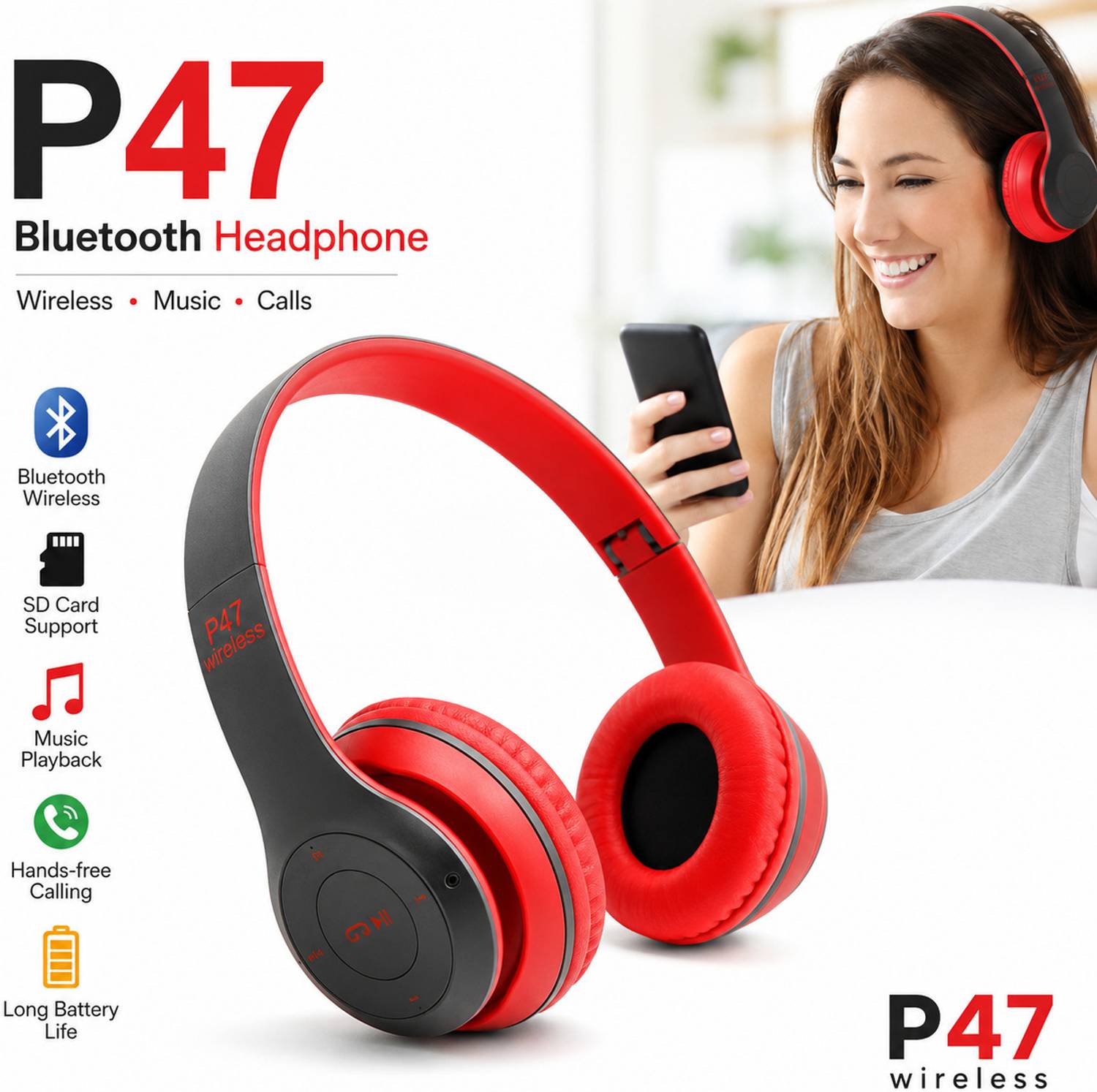 akiranix P47 Bluetooth Headphone - Multicolor - Image 2