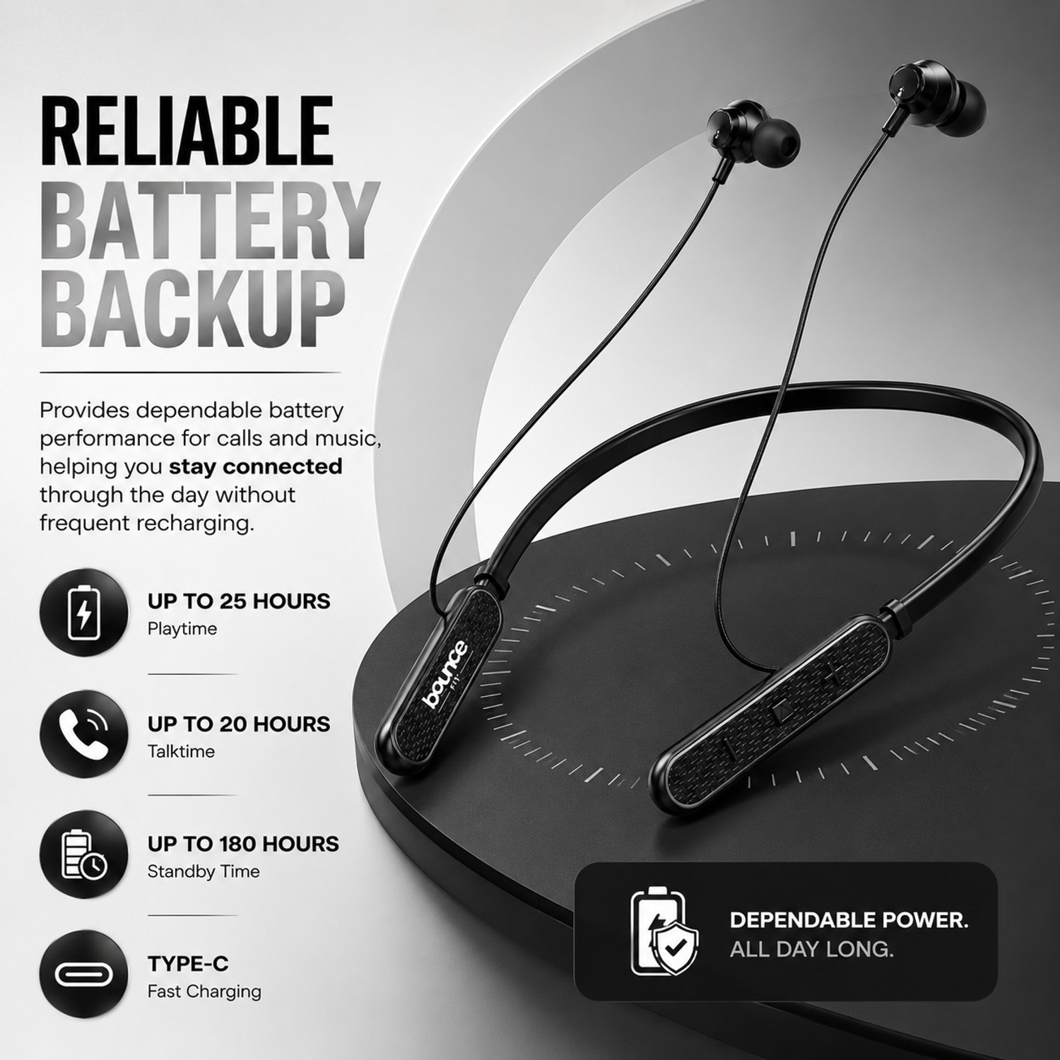 Image of Bouncefit Deep Bass Neckband, 35H Battery, Fast Charge, IPX7, Low Latency, With Mic Bluetooth