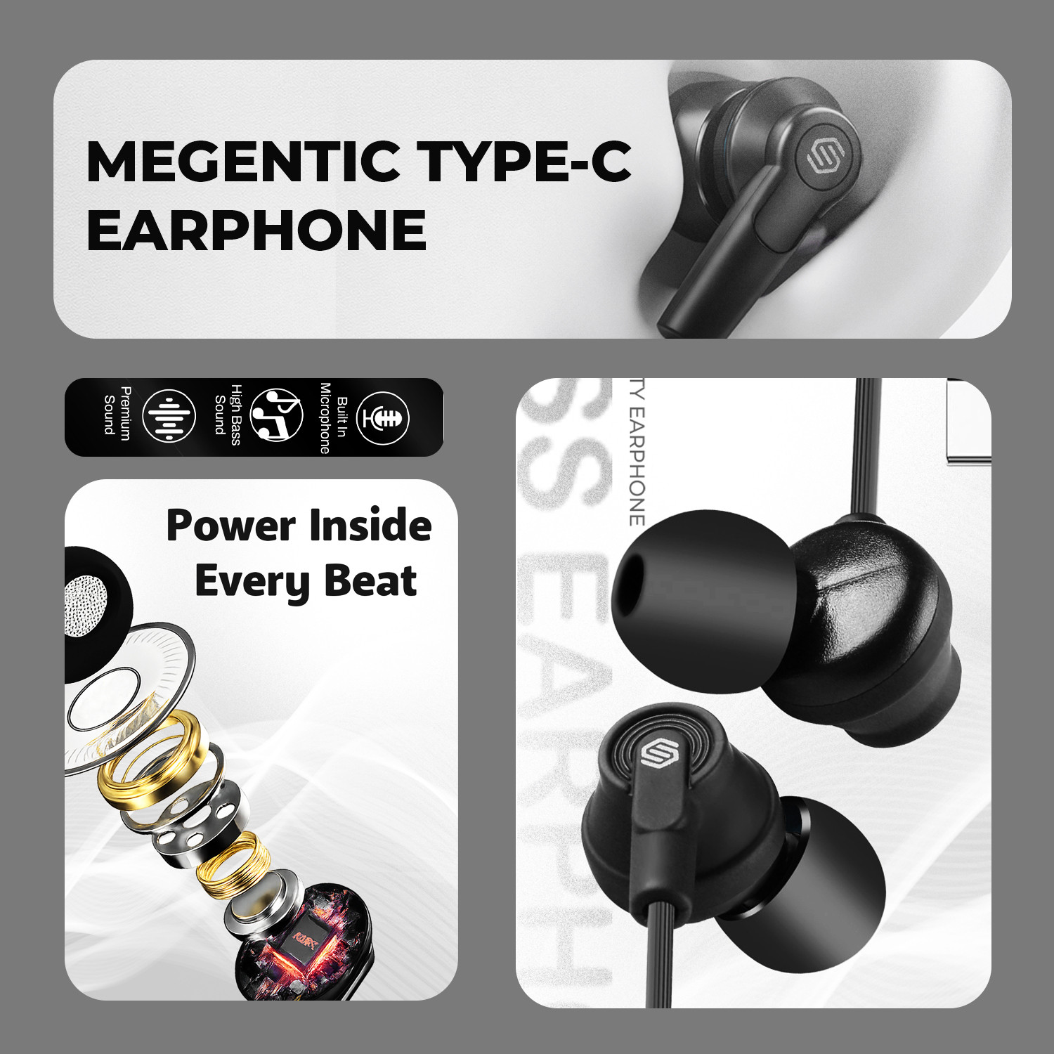 Image of Soroo Future Type-C Wired Earphones with HD Sound, In-Line Mic & Tangle-Free Magnetic Earbud Wired