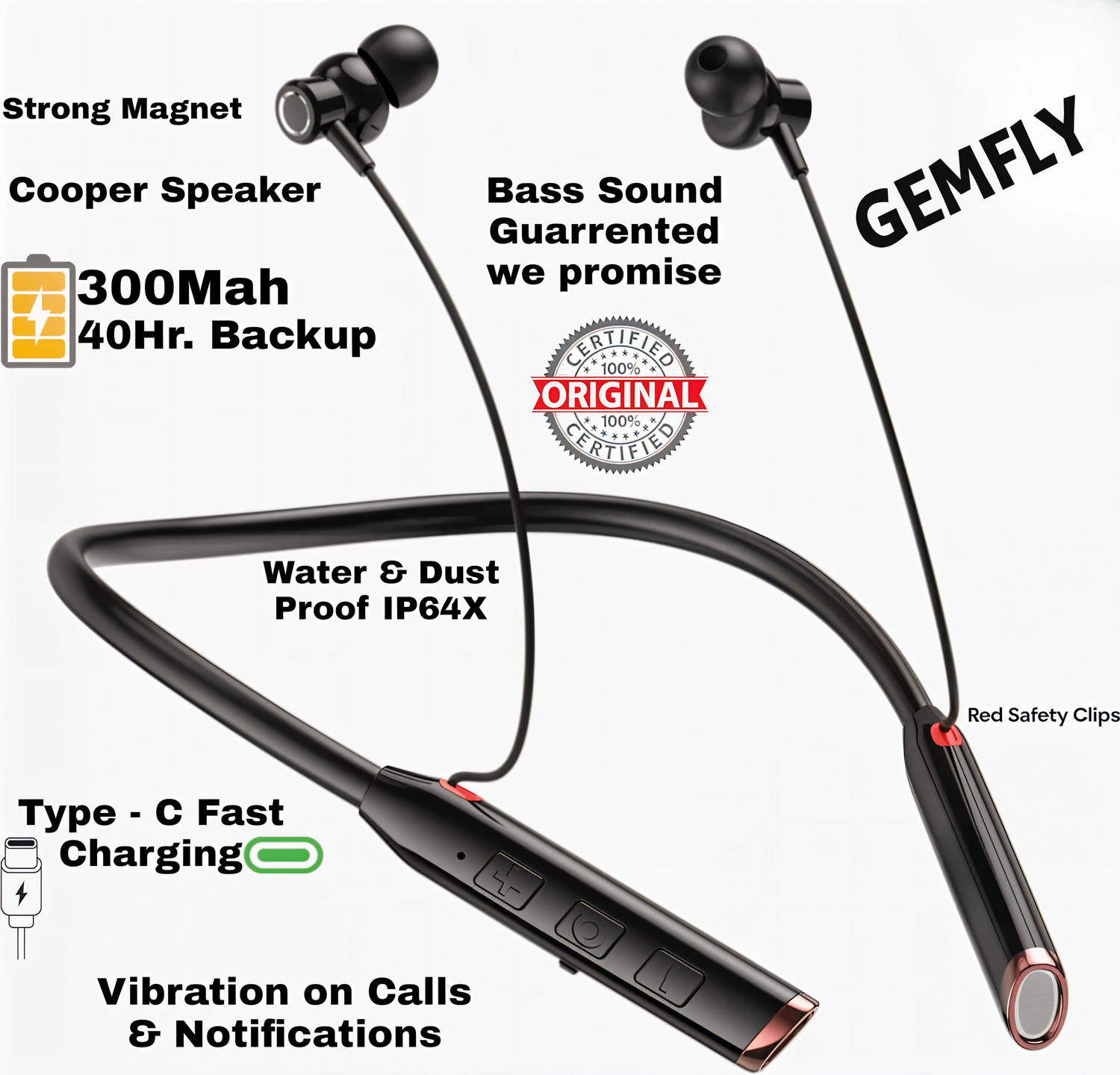 Image of GEMFLY Vibration Alert, 48 Hours Playtime, ENC, HD Sound Quality & Stereo Bass N286 Bluetooth