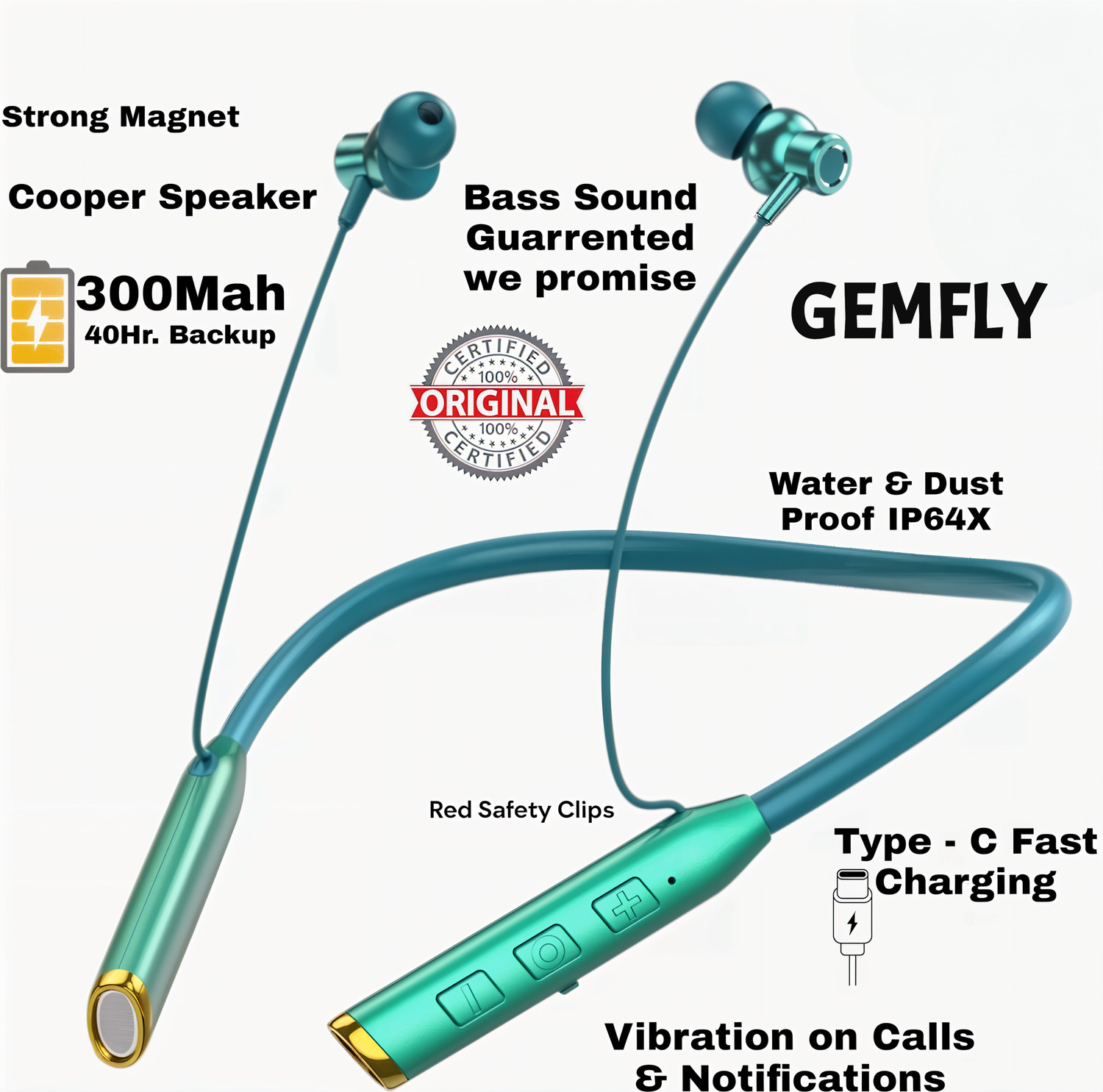 Image of GEMFLY Vibration Alert, 48 Hours Playtime, ENC, HD Sound Quality & Stereo Bass136 Bluetooth