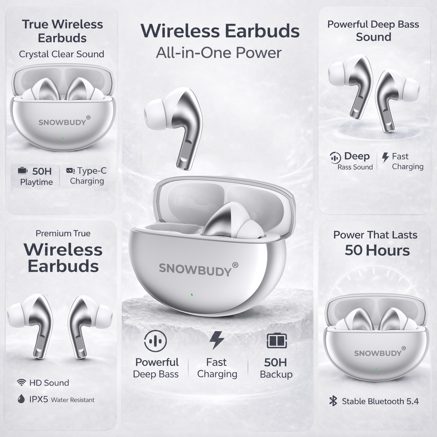 Image of snowbudy Nord 4Pro True Wireless Earbuds with Dual Mic & AI Crystal Clear Call-9 Bluetooth Gaming