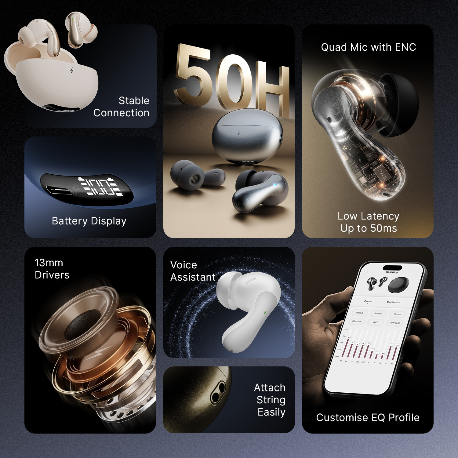 Image of Fire-Boltt Aero Drift TWS Earbuds, Custom EQ Profiles 50H Battery Display Case Quad Mic ENC Bluetooth