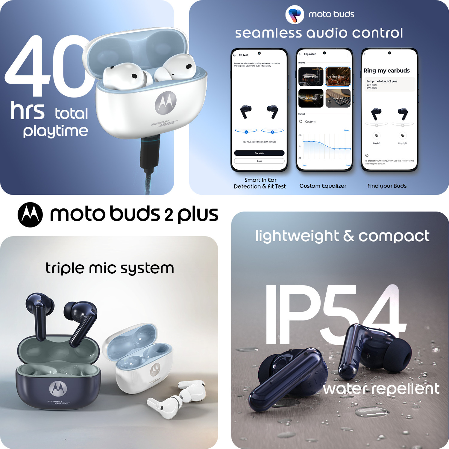 Image of MOTOROLA Buds 2 plus Sound by Bose, Adaptive 55dB ANC, Dual Drivers,Hi-Res,LHDC+LDAC,IP54 Bluetooth