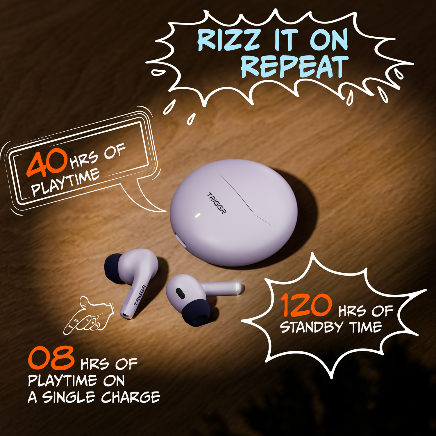 Image of TRIGGR Rizz with 40H Playback, Spherical Design, 13mm Drivers, Rich Bass, Fast Charging Bluetooth Headset (Onyx Lilac, True Wireless)