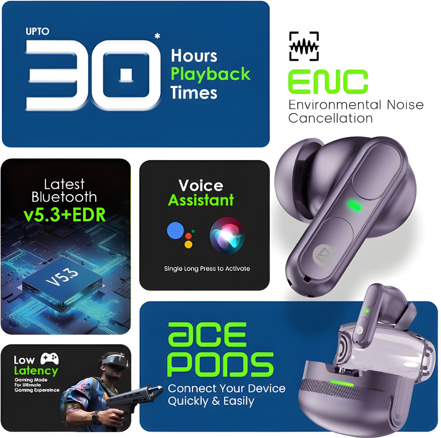 Image of EARBASS Ubon J29 Ultra Low Latency, Quad Mic ENC, IPX5, Fast Charging With RGB Light Bluetooth