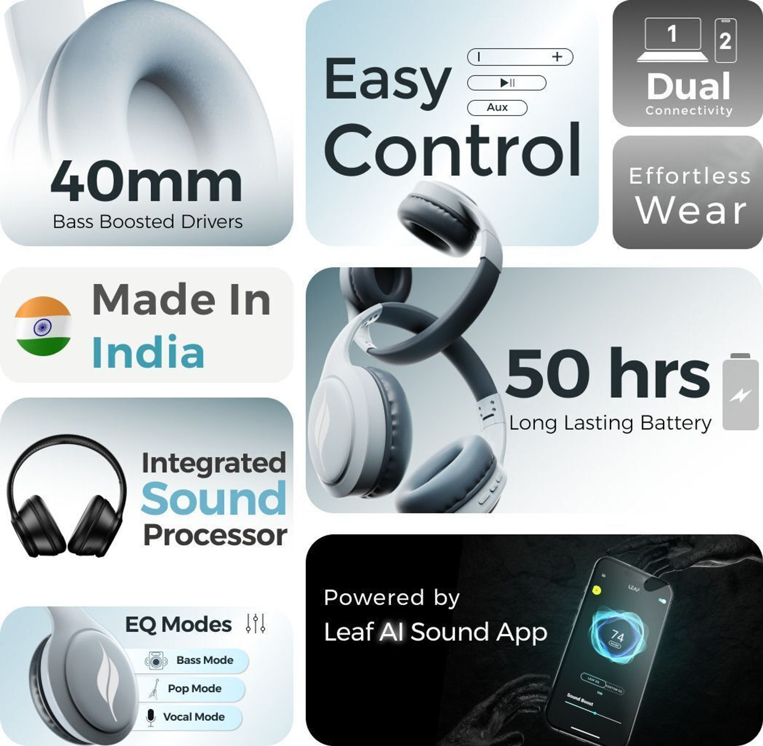 Image of Leaf Bass Pro Headphone, AI SOUND App, 50H Playtime, 40mm Driver, IPX5, BT v5.3 Bluetooth & Wired