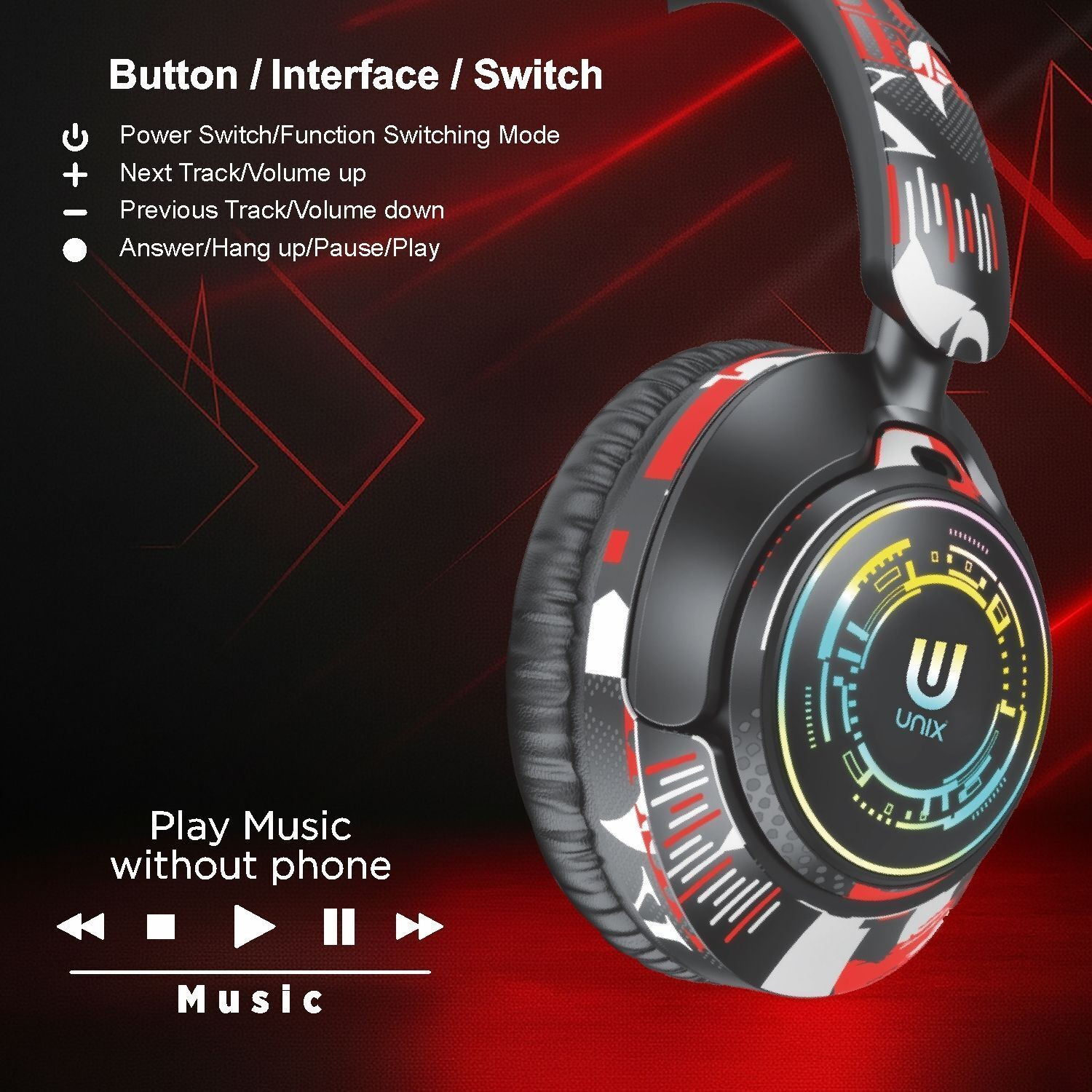 Image of Unix Epic Graffit Wireless Over Ear Headphones Upto 62 Hours Playback, 40MM Drivers Bluetooth & Wired