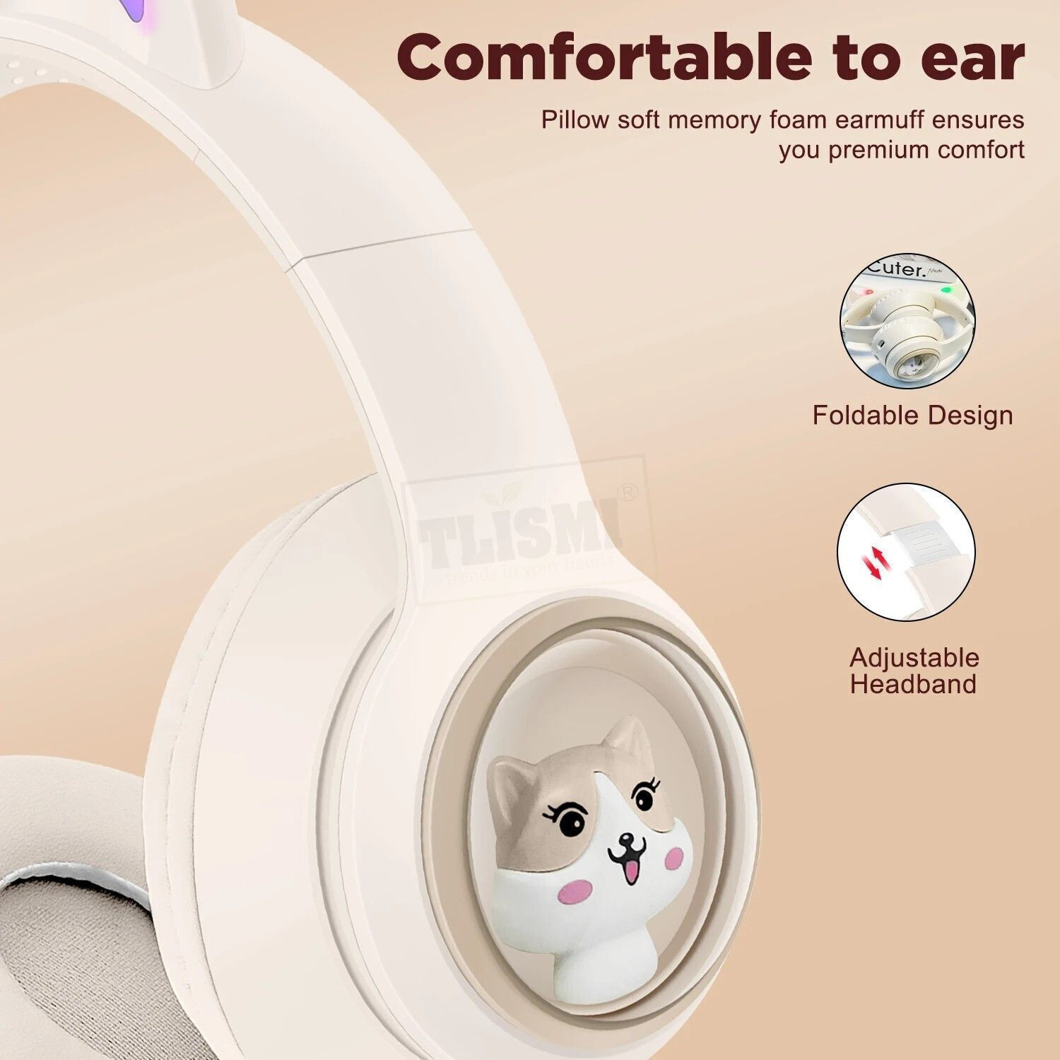 Image of Tlismi Foldable Cute Cat Ear Bluetooth Headphones LED Light with Microphone for Kids Bluetooth & Wired