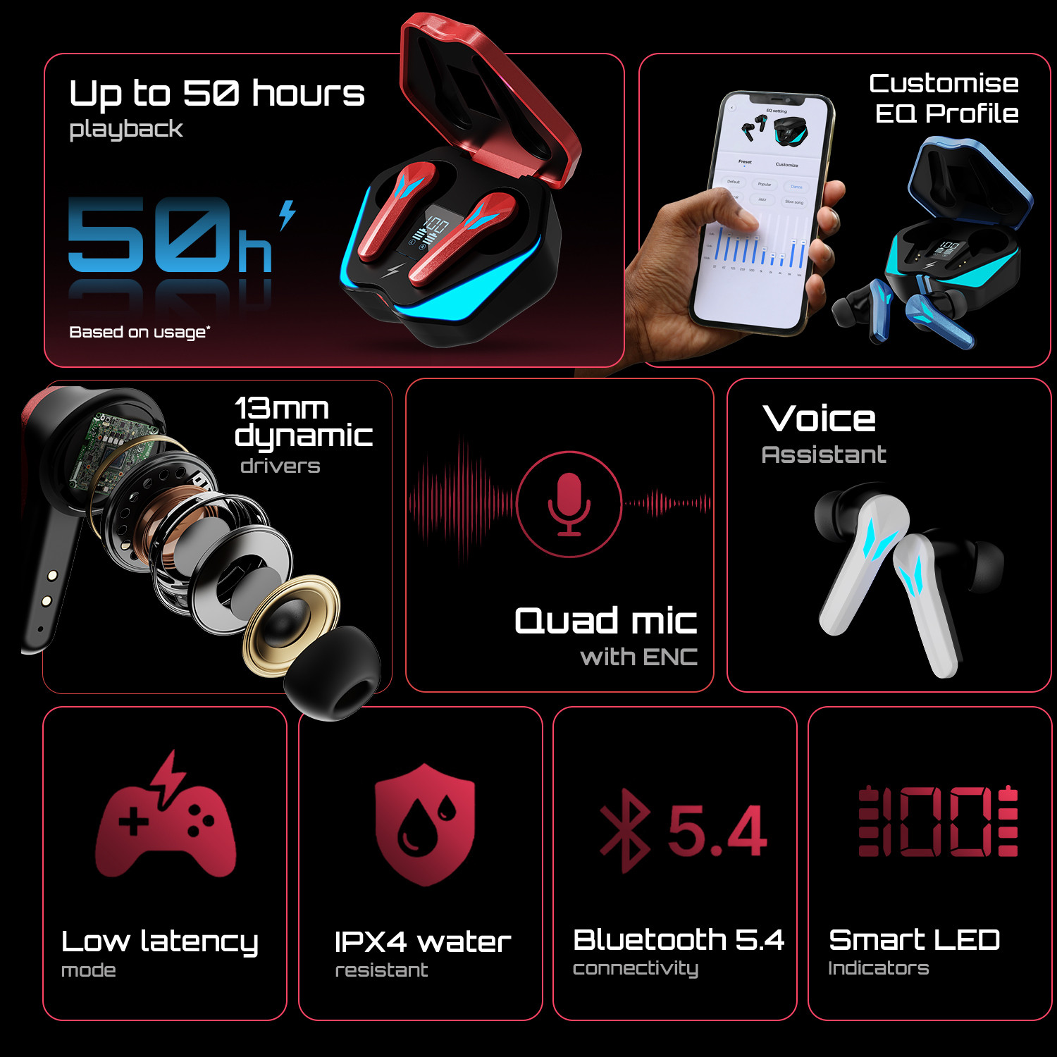 Image of Fire-Boltt Aero Shadow TWS Earbuds, RGB Lights Custom EQ Profile 50H Playtime Quad Mic ENC Bluetooth