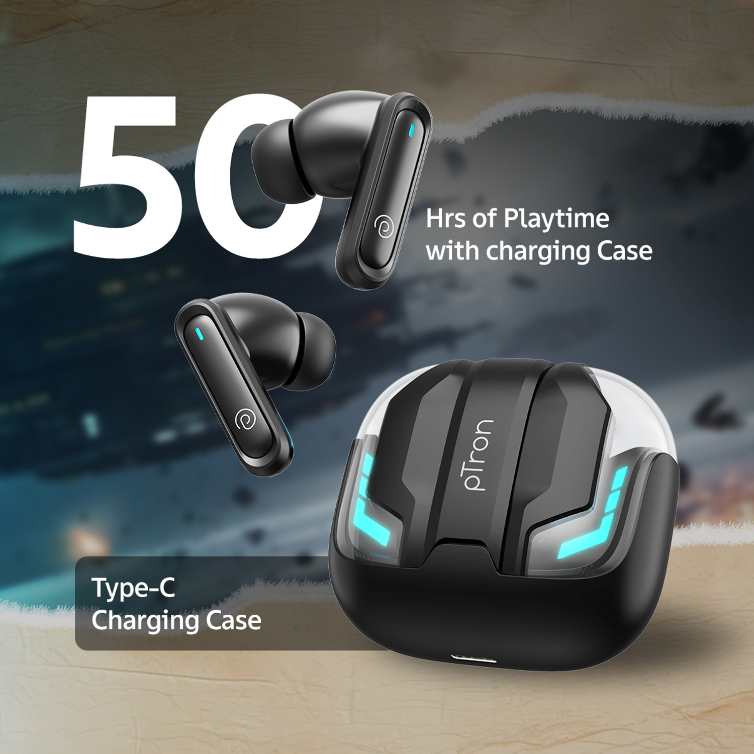 Image of PTron Bassbuds Turbo w / 50hrs Playtime, AI-ENC Clear Calls, Custom EQ,40ms Low-Latency Bluetooth