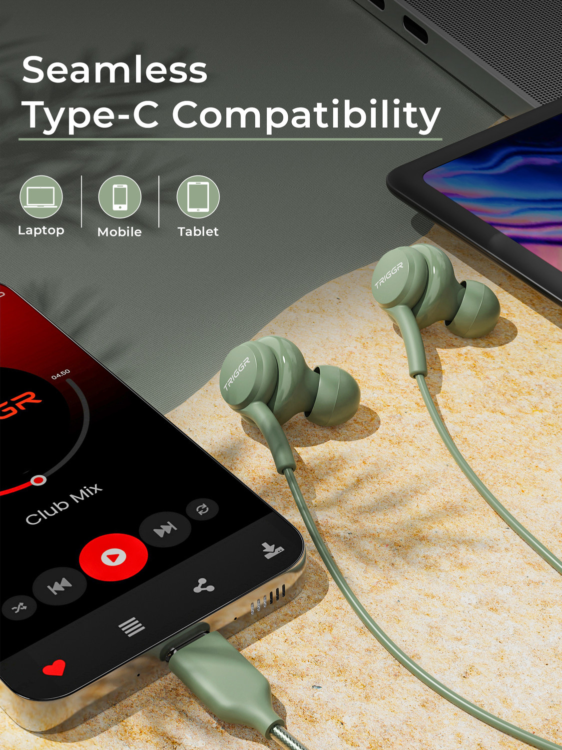 Image of TRIGGR Drip Type-C Wired Earphones with 13mm Driver, In-line Controls, Rich Bass, Mic Wired