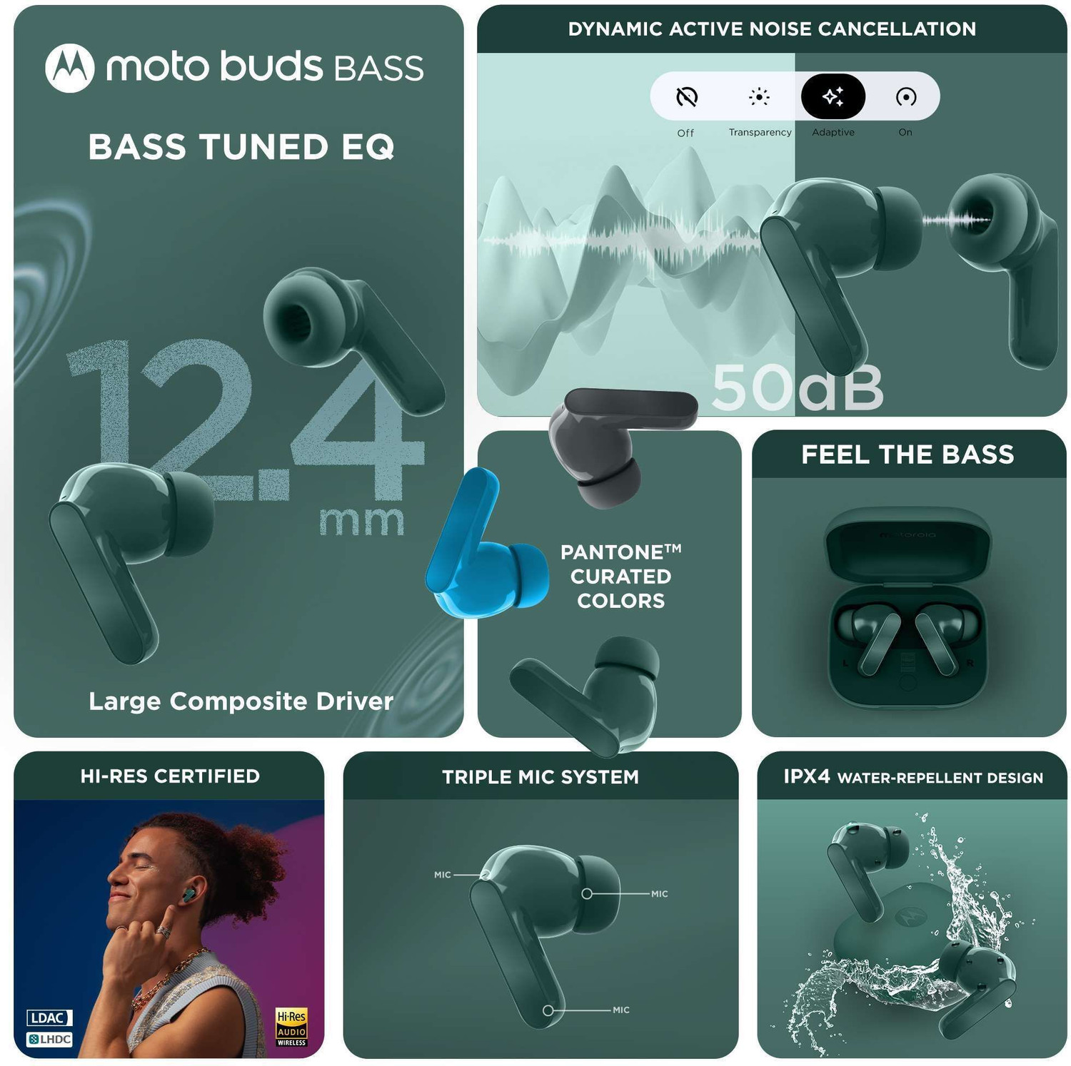 Image of MOTOROLA Moto Buds Bass |Hi-Res Audio & LDAC | 12.4mm drivers |50dB True ANC | 6 Mic Bluetooth