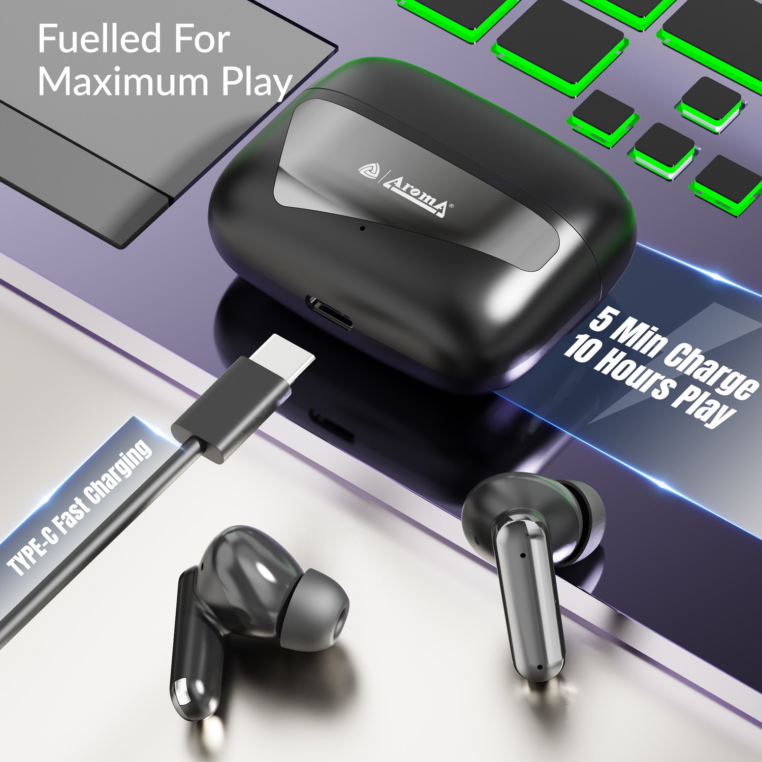 Image of Aroma TWS8 V5.4 Upto 60Hr Playtime*, ENC, Dual Paring, Fast Charging, Heavy Bass Bluetooth