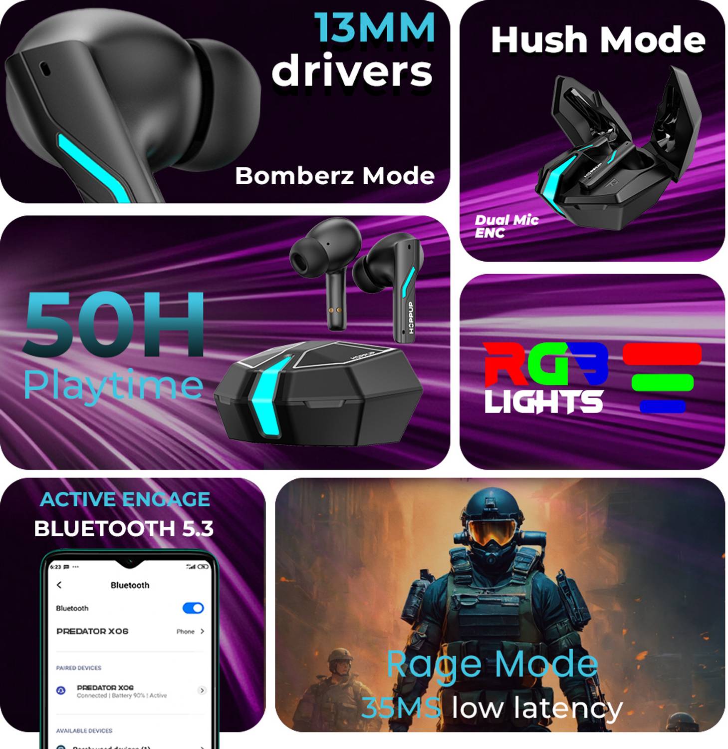 HOPPUP Xo6 Gaming Earbuds with 35MS Low Latency, RGB LED - Image 2