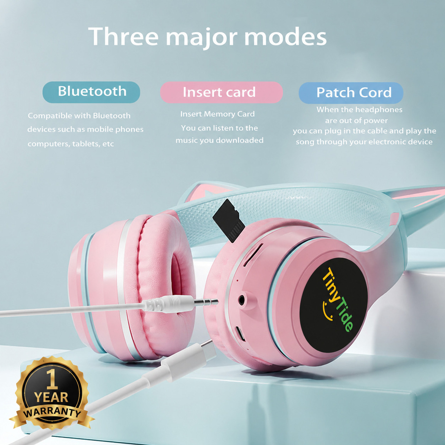 Image of TinyTide Kids Headphones For Girls /Boys, Cat Kids Bluetooth, Kids Wireless Headphones Bluetooth & Wired