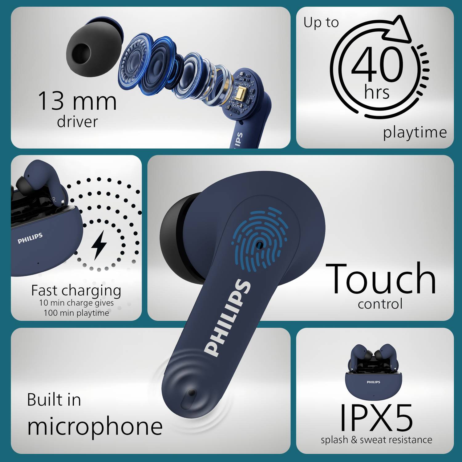 PHILIPS TAT1269 TWS Earbuds, 40H Playtime, BT 5.4, IPX5, Cosmic Blue - Image 3