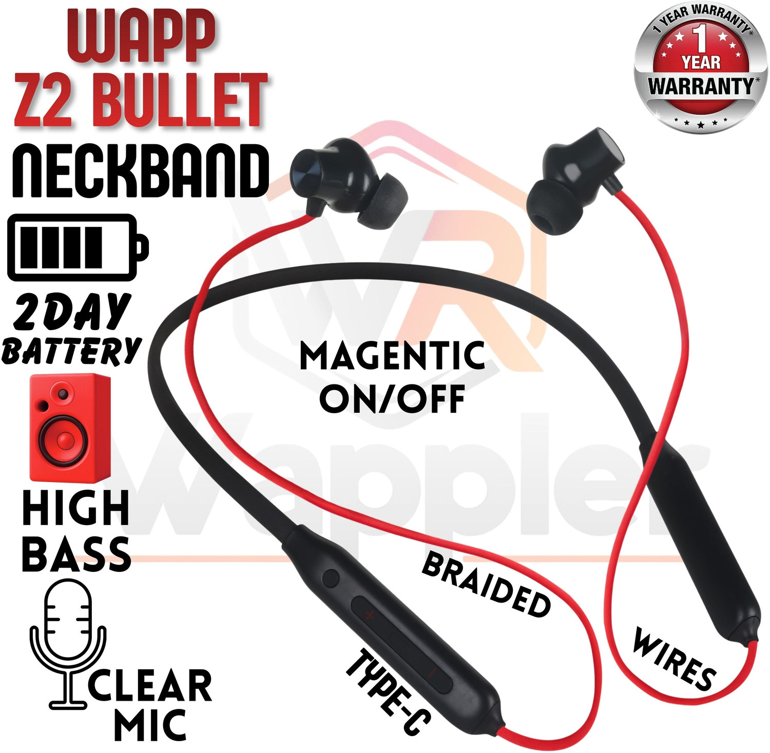 Image of WAPPLER WAPP Z2 Bluetooth Neckband | Magnetic On /Off, 2 Day Battery,High Bass Bluetooth Headset (Red, In the Ear)