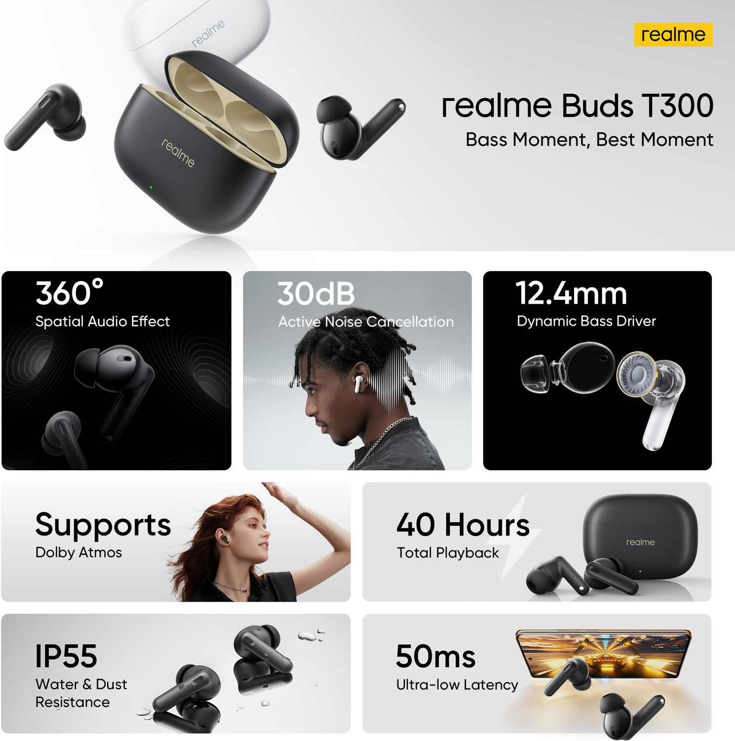Image of realme Buds T300 with 12.4mm Driver, 30dB ANC, 360 Spatial Audio and 40 hours Playback Bluetooth