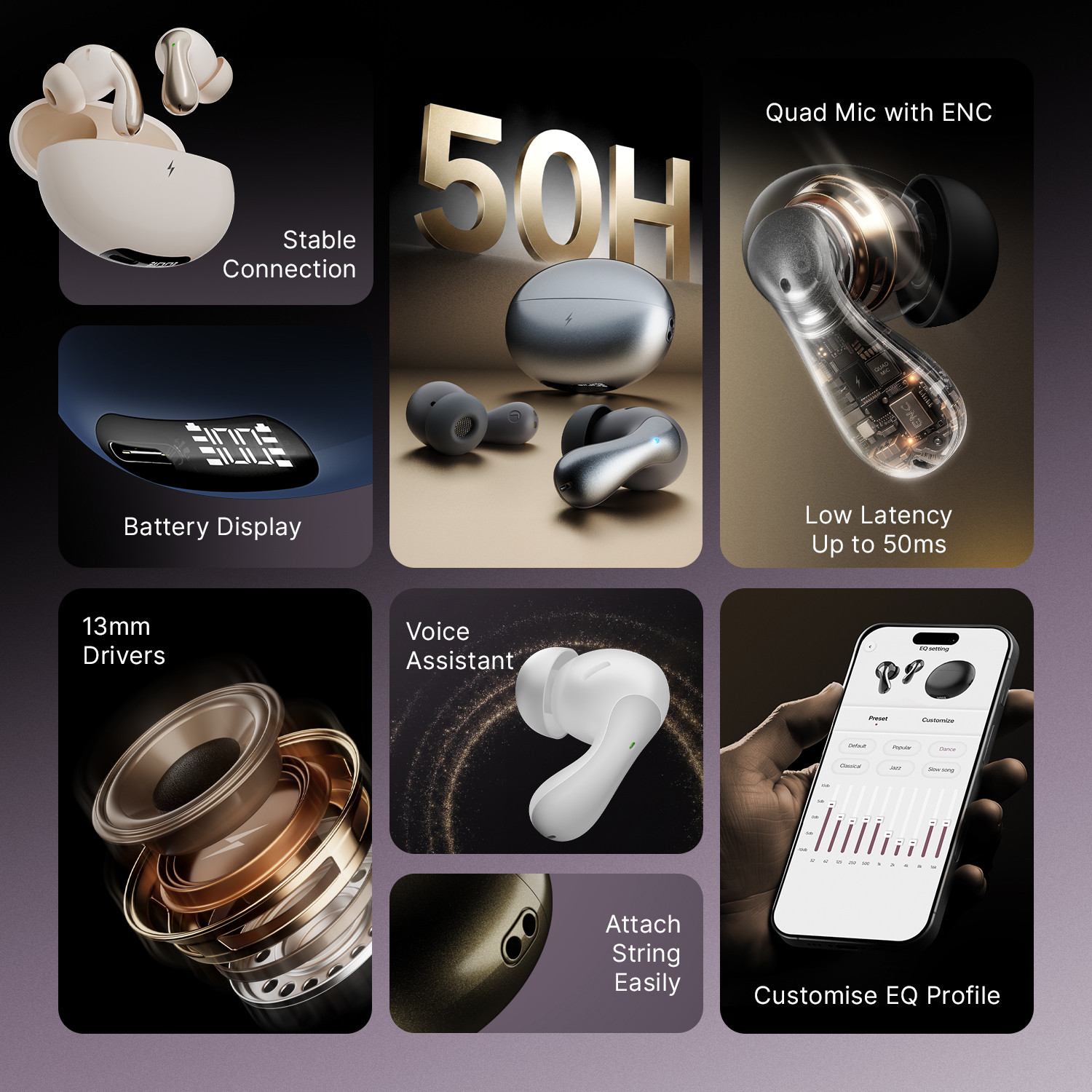 Image of Fire-Boltt Aero Drift TWS Earbuds, Custom EQ Profiles 50H Battery Display Case Quad Mic ENC Bluetooth