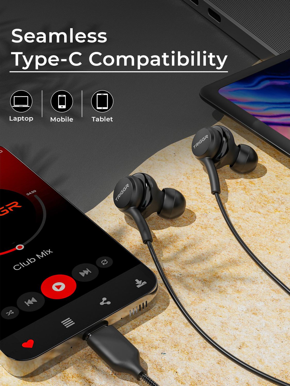 Image of TRIGGR Drip Type-C Wired Earphones with 13mm Driver, In-line Controls, Rich Bass, Mic Wired