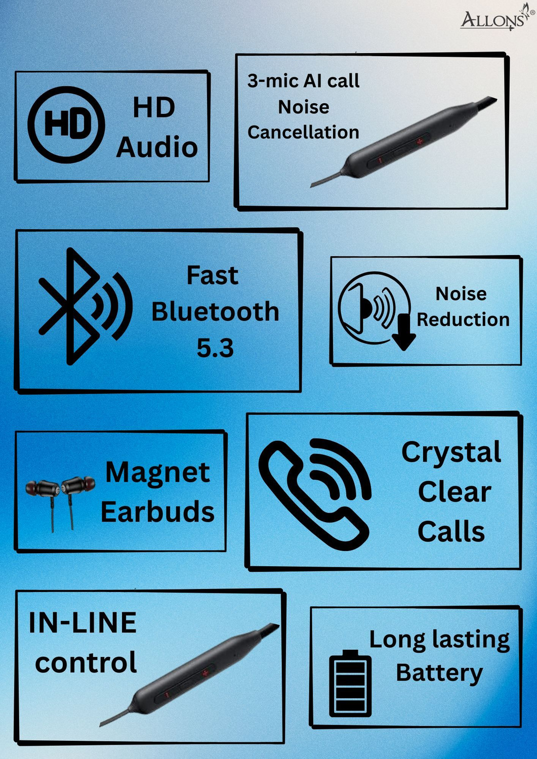 Image of allons Bullet X2AI Noise Cancellation Fast Charge,48H Bluetooth Neckband Deep Bass Z44 Bluetooth Headset (Black, In the Ear)