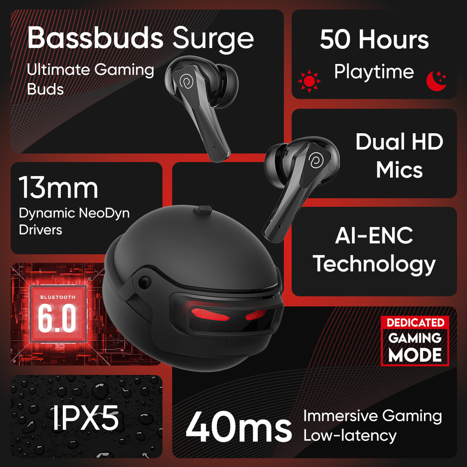 Image of PTron Bassbuds Surge w / 40ms Low Latency Gaming,50Hrs Playtime,Mobile App,AI-ENC Calls Bluetooth